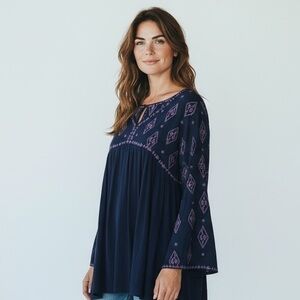 VELZERA - NWT - SIZE 2XL -‎ NAVY WITH PINK FLORAL EMBROIDERY DRESS TUNIC  B17